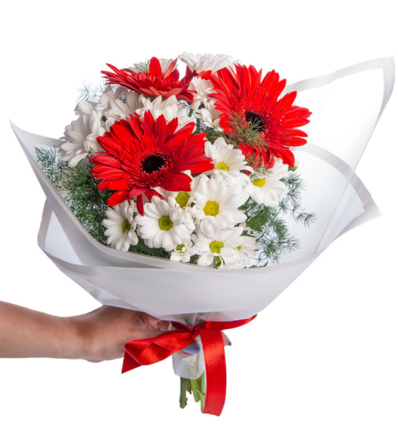 Beyaz Papatya ve Kırmızı Gerbera Çiçek Buketi