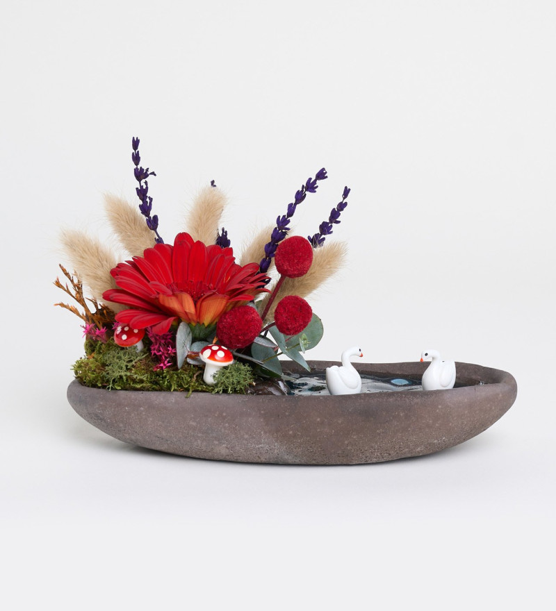 Dekor Saksıda Kırmızı Gerbera & Craspedia Teraryum