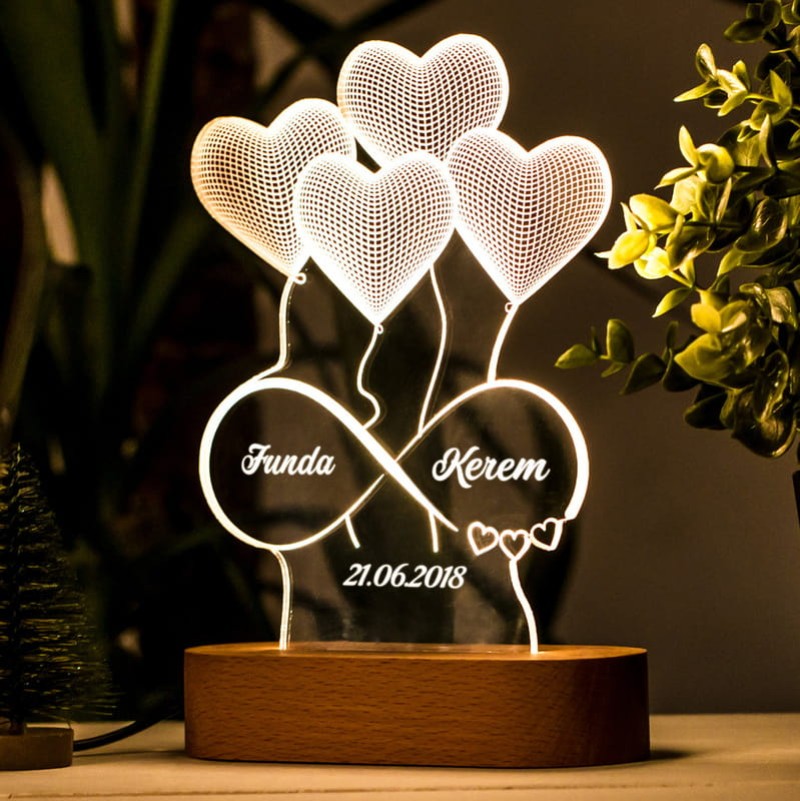 Aşık Kalpler İsim Yazılı 3 Boyutlu Led Lamba